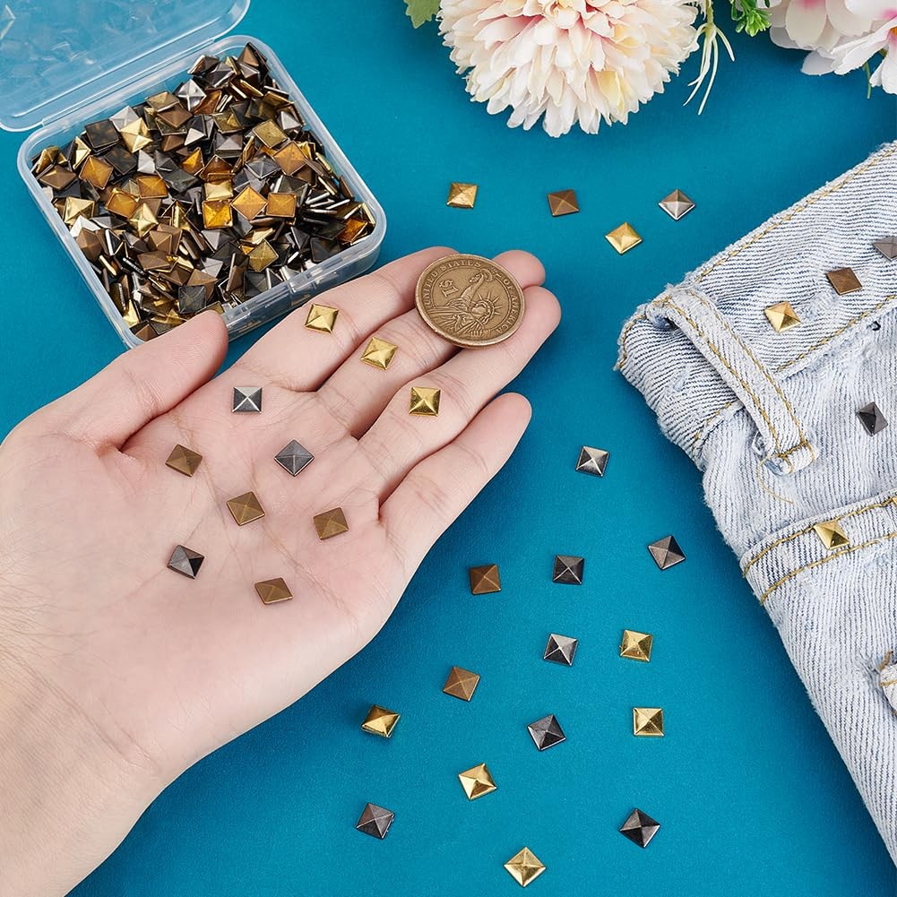 400Pcs Flat Back Pyramid Studs Glue on Metal Studs, 4 Colors Hotfix Iron on Rive