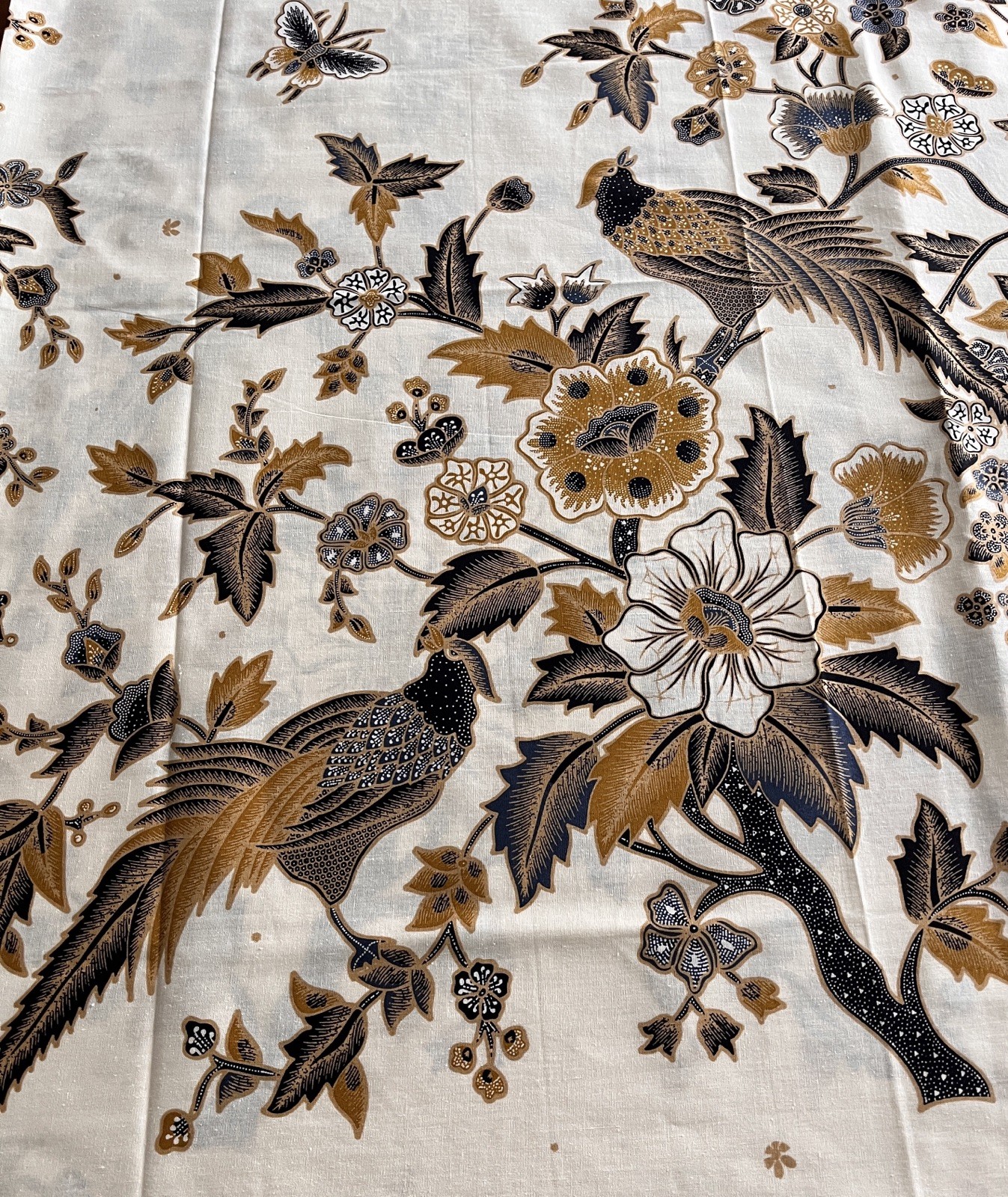 Indonesian Cotton Batik Fabric Cream Green Brown Birds And Floral Theme