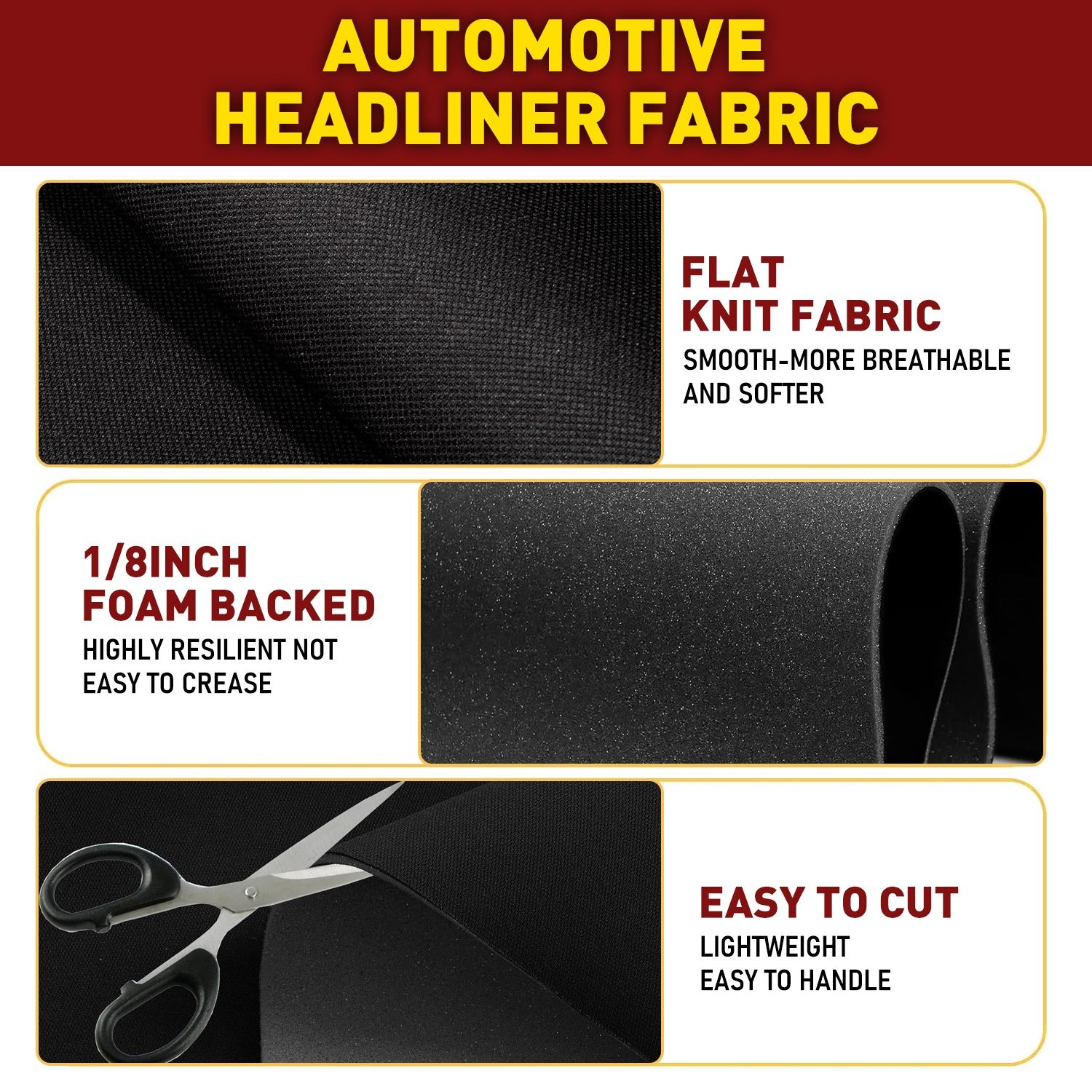 1/8″ Thick Flat Knit Headliner Fabric Foam Auto Roof Repair Upholstery Black
