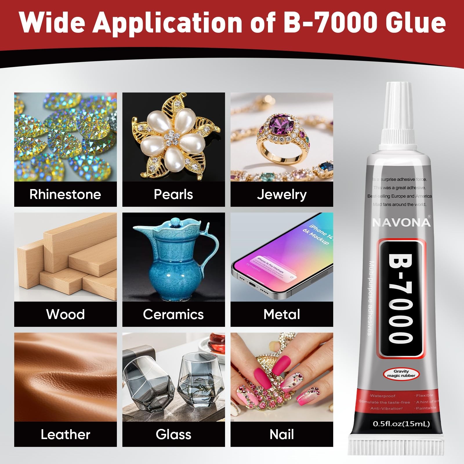 8 PCS 15ml B7000 Glue Clear with Precision Tip, Bedazzling Glue, Super