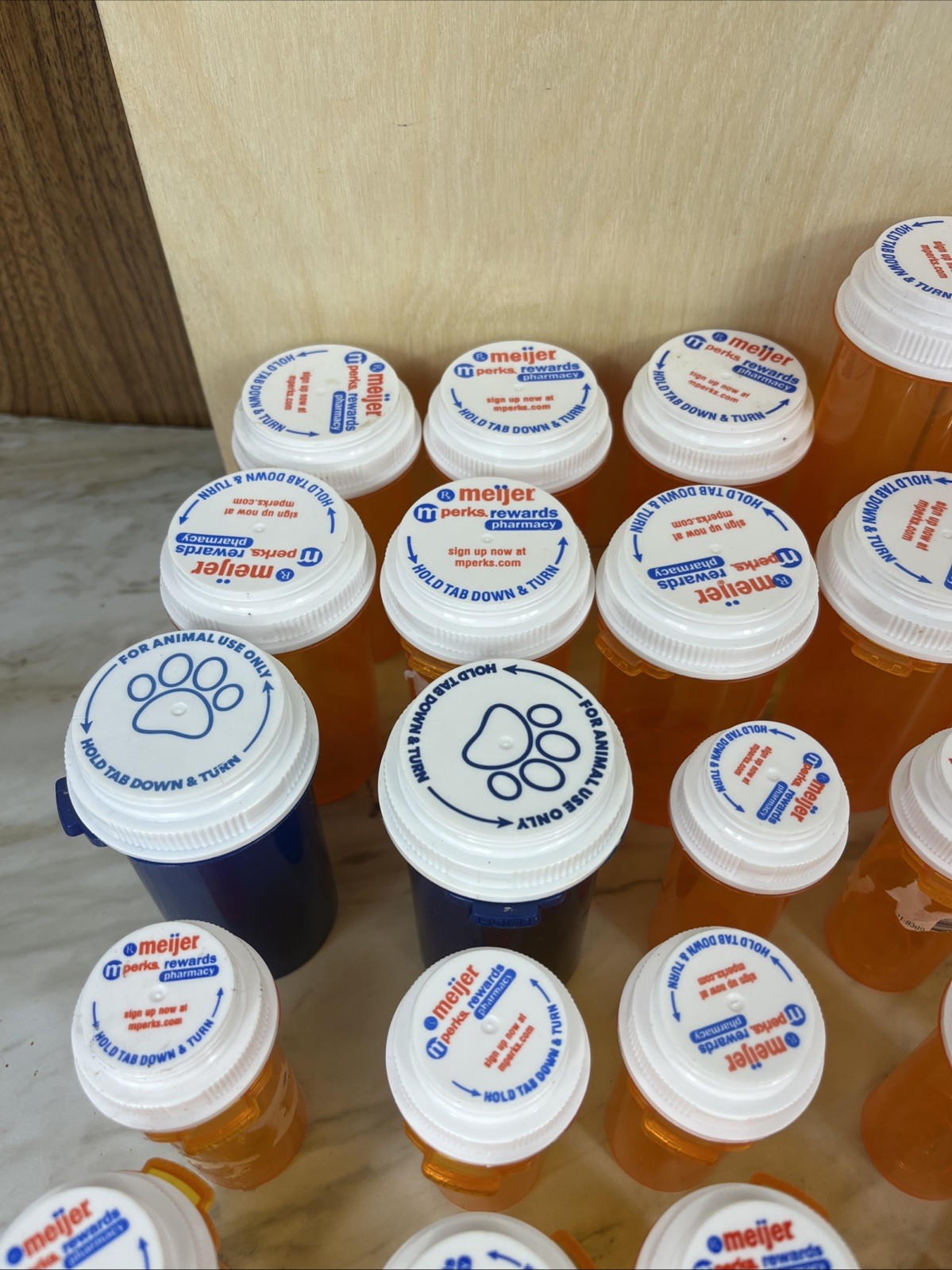 Lot Of 61 Empty medicine Bottles All amber Minus 2 Blue, Various Sizes