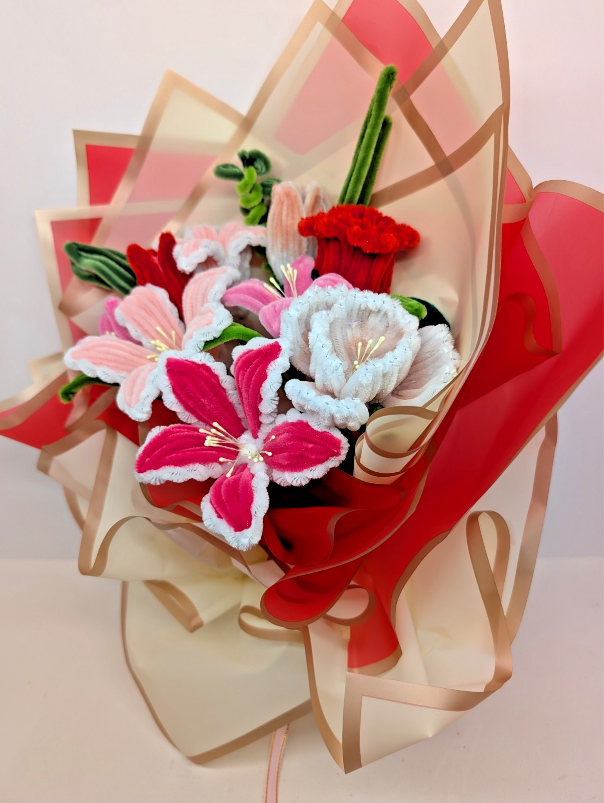 Handmade Lily pipe cleaner Flower Bundle Bouquet, Red, Pink and White Color