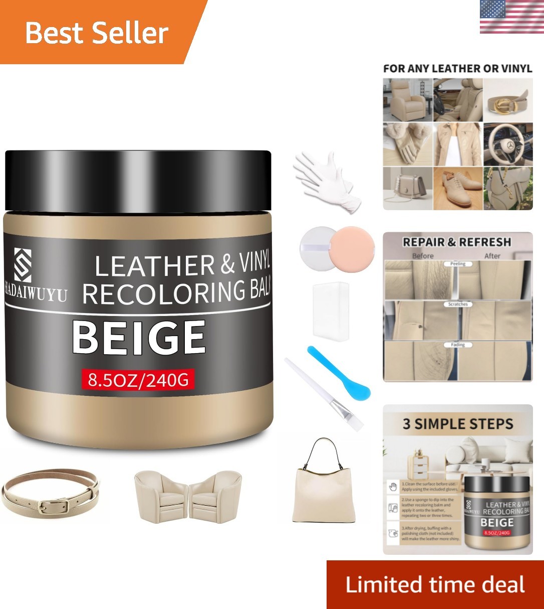 Leather Recoloring Balm,8.5oz Leather Color Restorer,Beige Leather Repair kit…