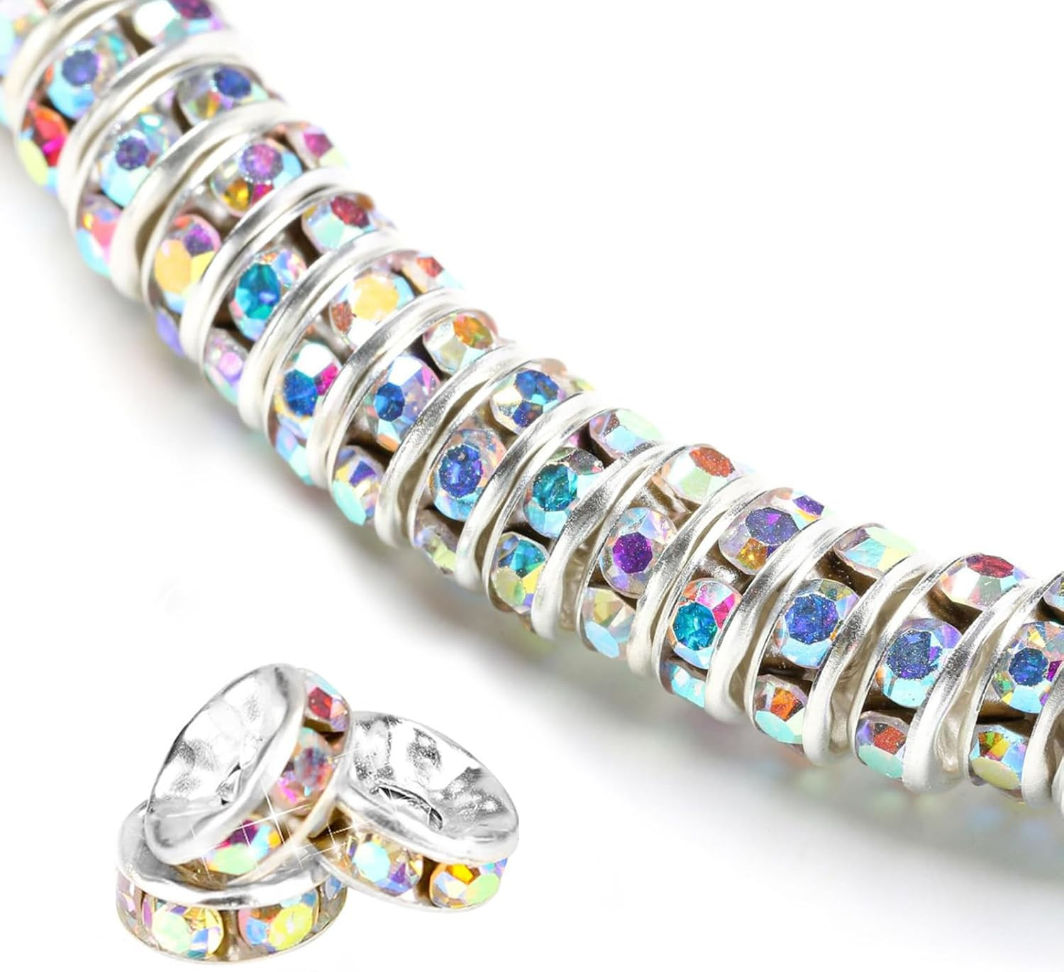 200Pcs 6mm Rondelle Spacer Beads Silver Plated Rhinestone AB Color Crystal Loose