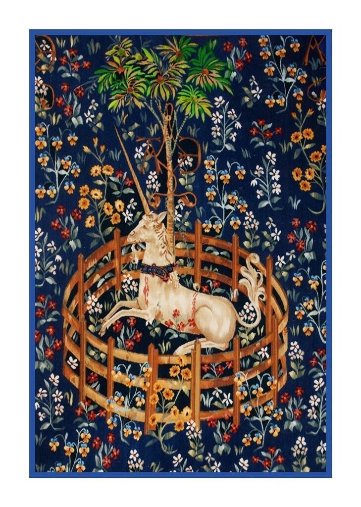 Medieval Navy Blue Unicorn Captivity from Tapestry Counted Cross Stitch Pattern