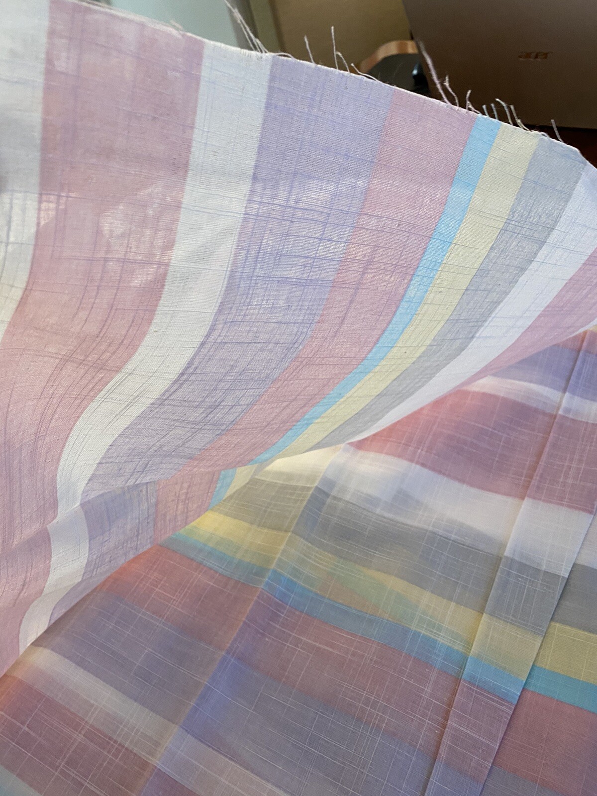 VTG WIDE Pastel Stripe Purple Yellow Pink Cotton Fabric Linen Texture 58″W BTY