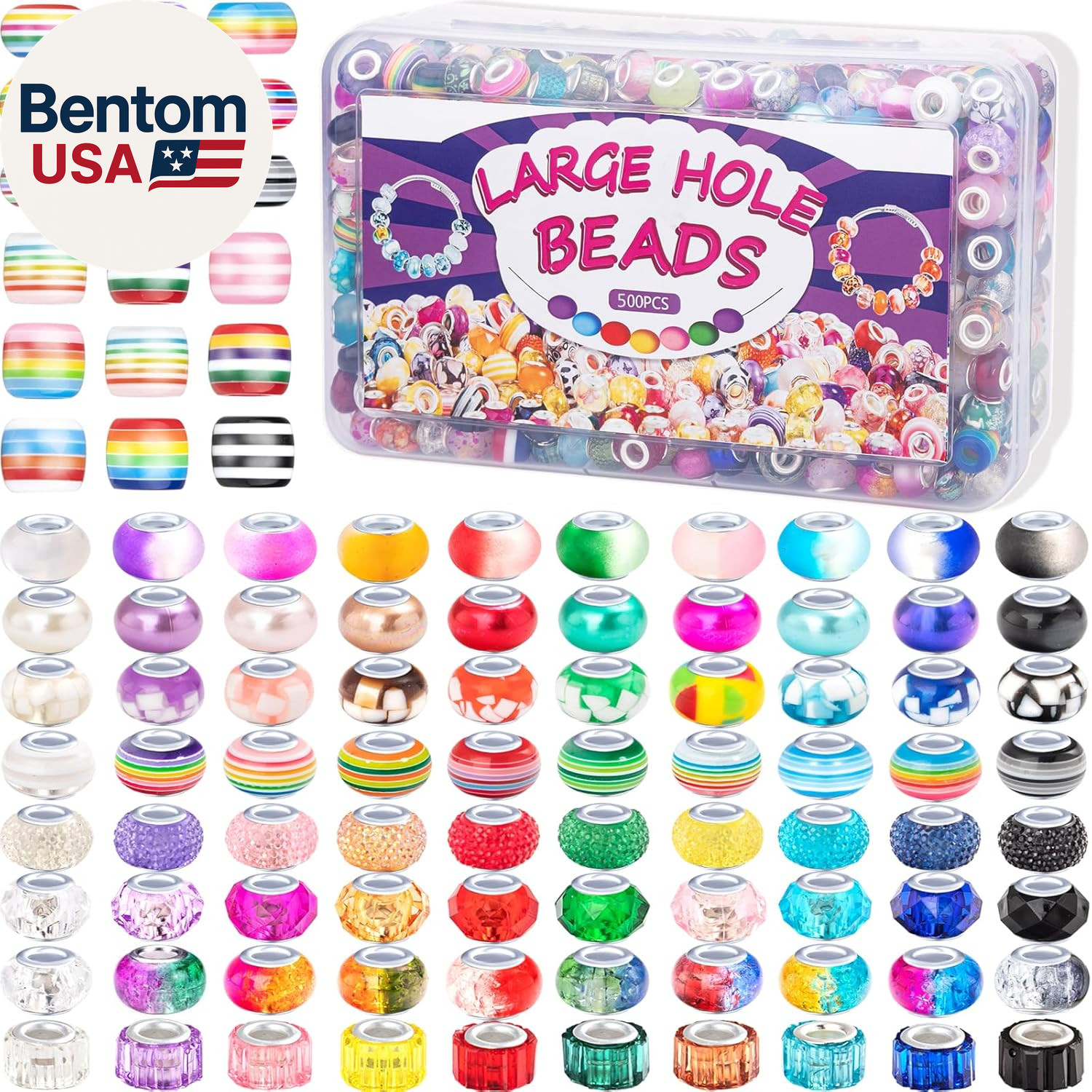500 Pcs European Large Hole Beads, Assorted European Craft Beads Mixed Color Lam