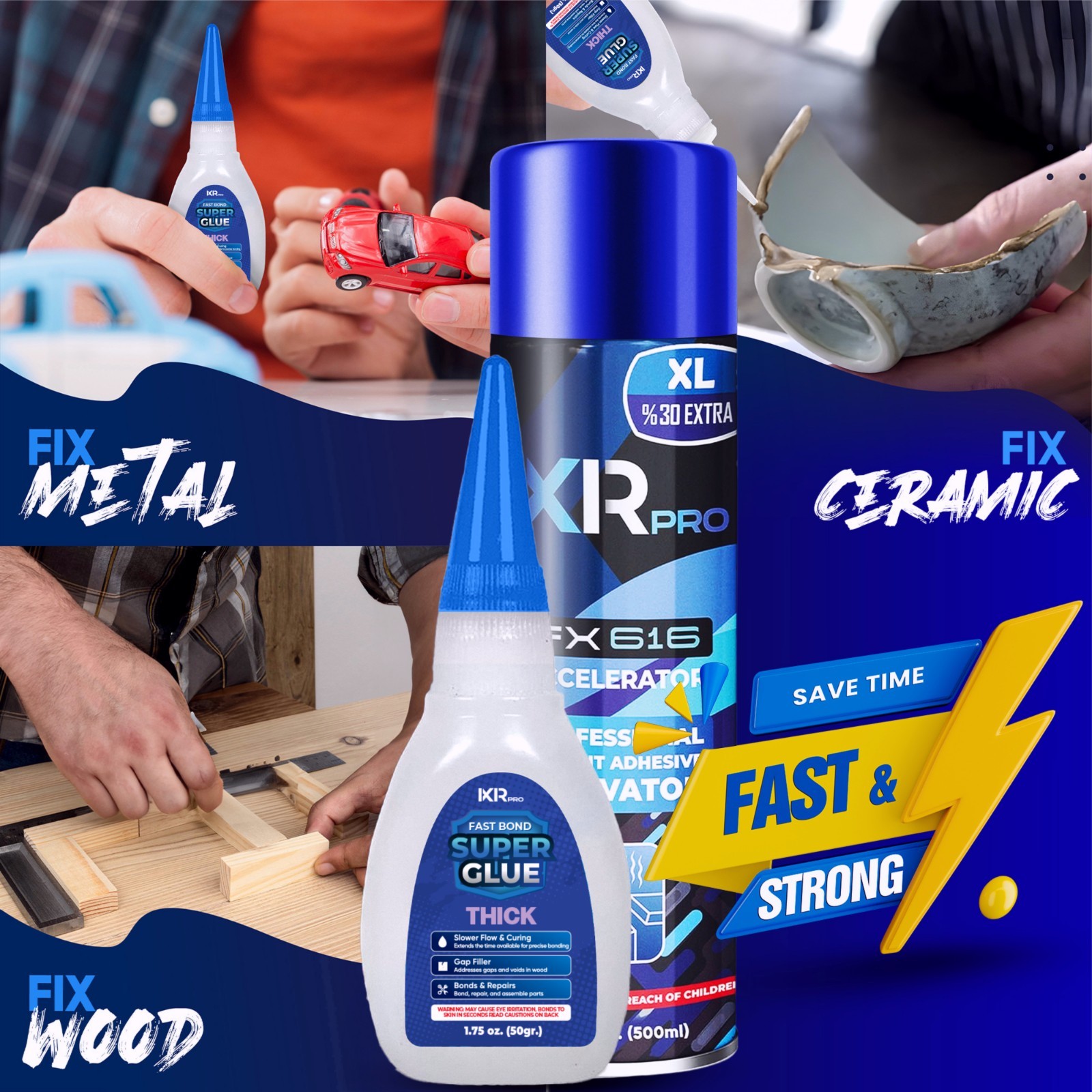 ixirpro CA Glue Thick Viscosity Kit 1.75 oz + CA Glue Activator Spray 16.9 oz