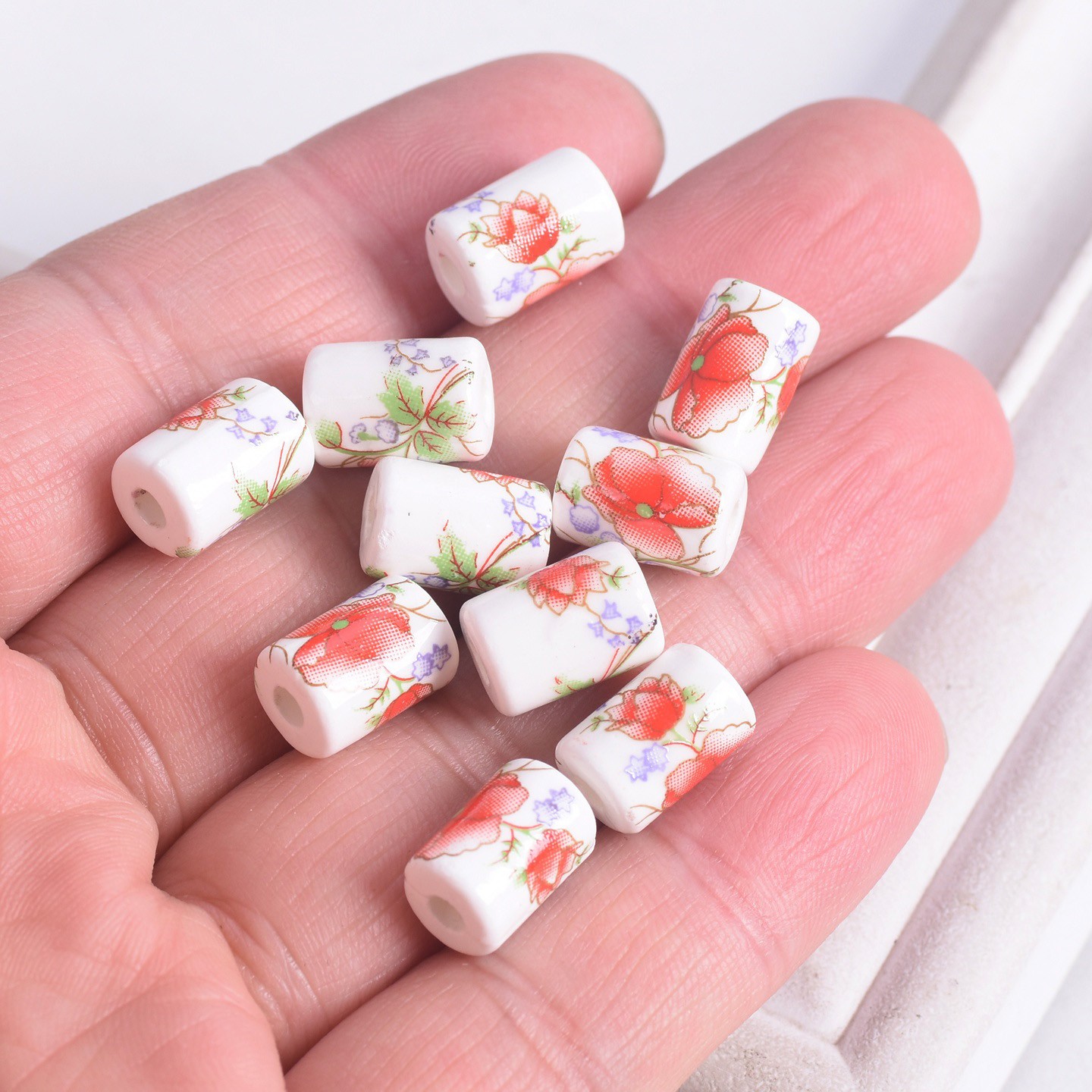 10pcs 12x9mm Cylinder Shape Flower Painting Ceramic Porcelain Loose Beads