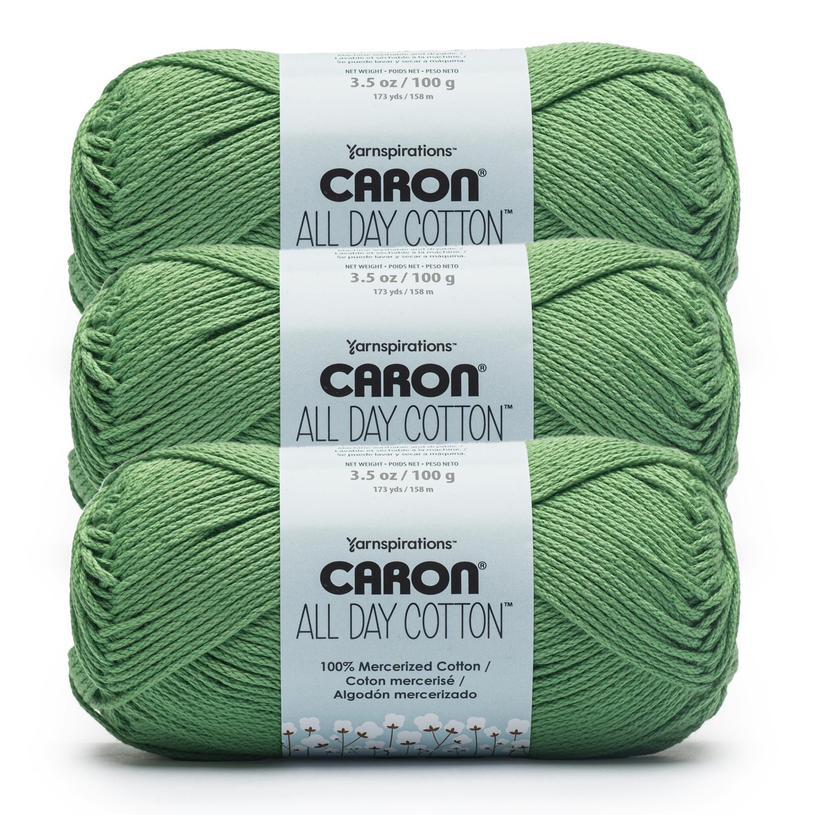 Caron All Day Cotton – 3 Pack of 173 Yards/3.52 oz Grass Green 100% Mercerize…