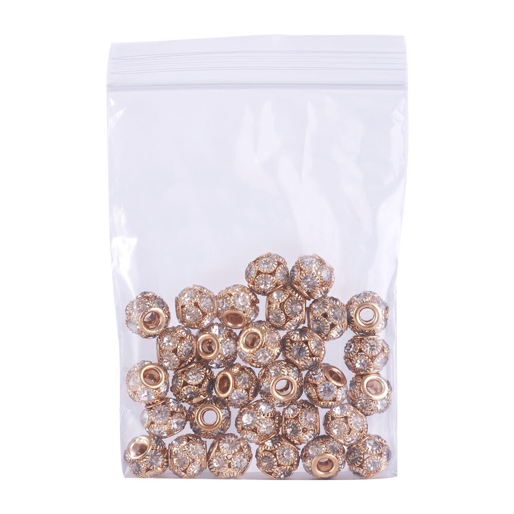 30x Rondelle Light Gold Crystal Brass Beads Crafts with Clear Rhinestone 12x10mm