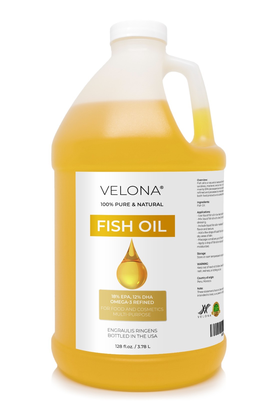 Fish Omega-3 Oil by Velona – 2oz-7lb Pure Refined Cold pressed Vitamin E, D