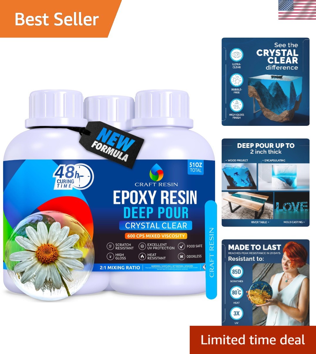Crystal Clear Deep Pour Epoxy Resin 51 Oz Kit – Ideal for River Tables & Arts