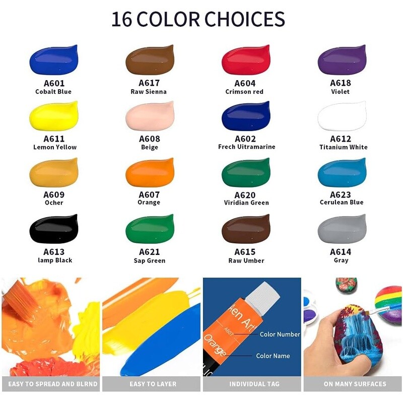 Acrylic Paint Set Pumpkin Crafts 16 Colors Non Toxic Rich Pigments Art Supplies