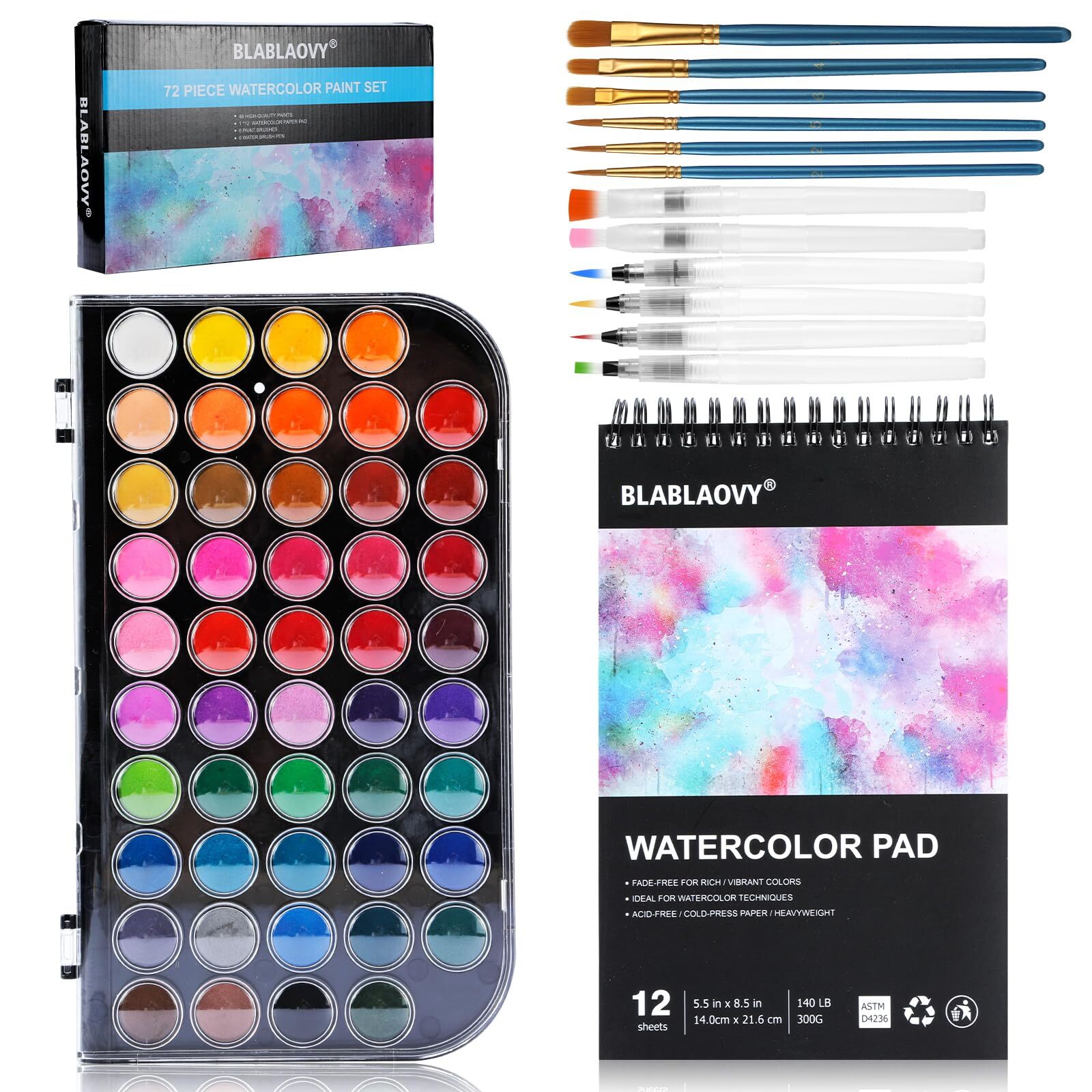 48-Color Watercolor Paint Set Washable with Brushes Pad Palette for All Ages