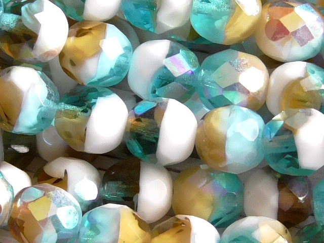 12 – 8mm CZECH AQUA BLUE AMBER WHITE AB ROUND FACETED FIRE POLISHED GLASS BEADS