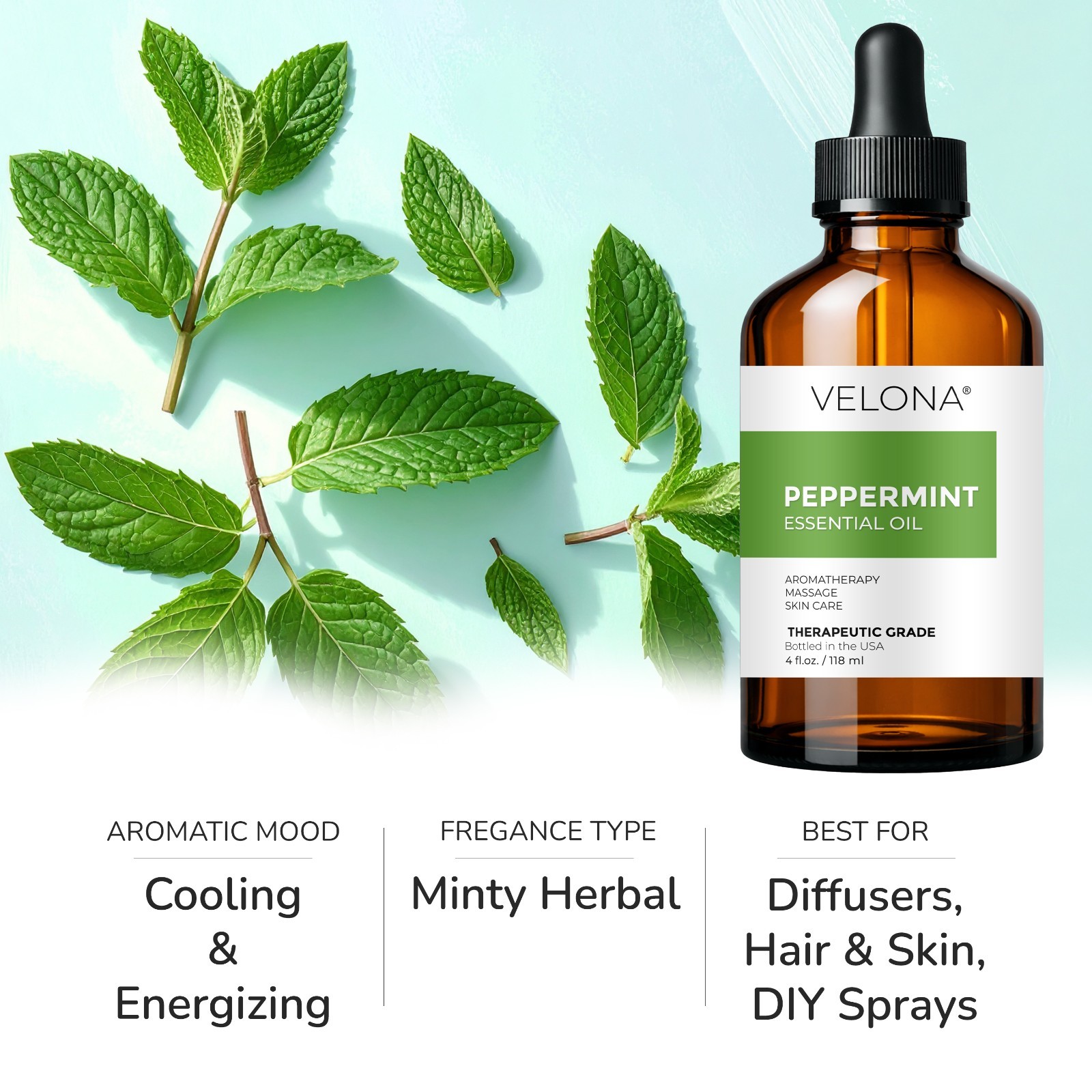 Peppermint Essential Oil by Velona 0.5 – 32 Fl Oz Therapeutic Grade Aromatherapy