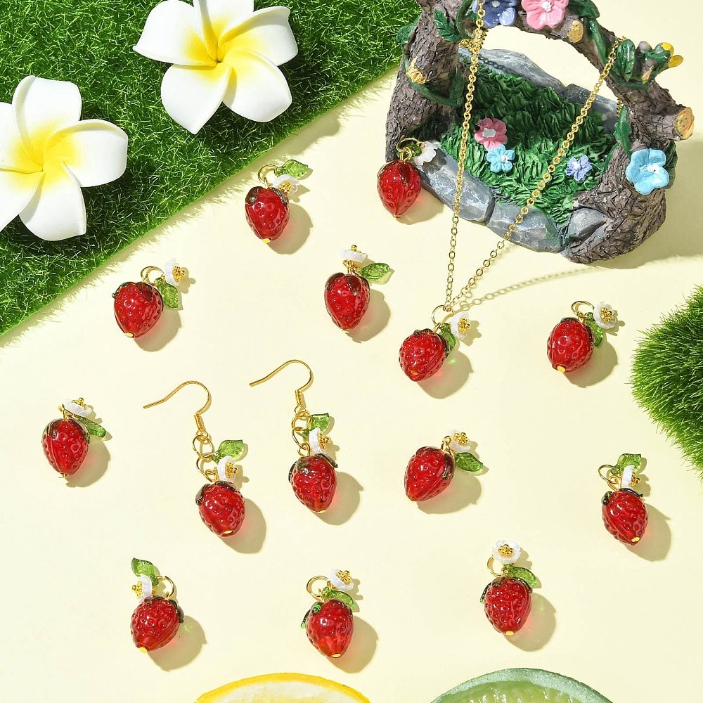 30Pcs Acrylic Lampwork Pendants, Red Strawberry Cute Charms for DIY Crafts