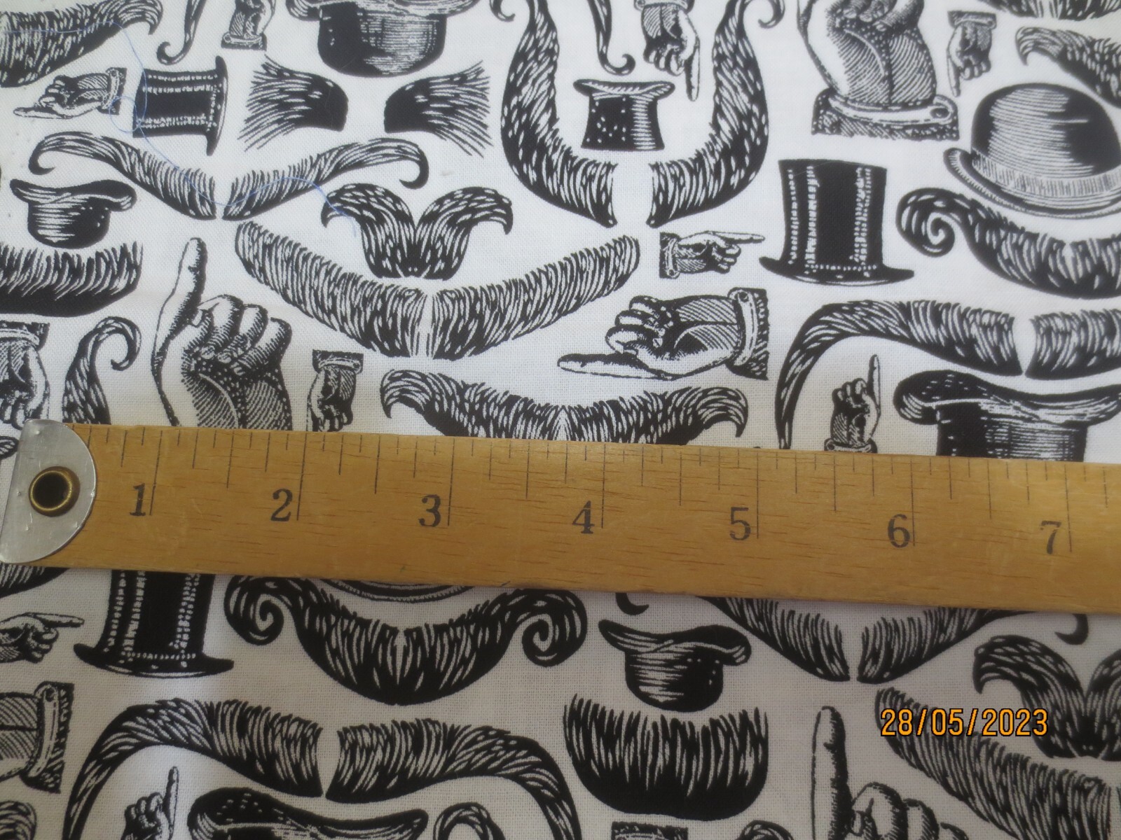 20″ x 42″ Black on White Men’s Mustaches Gentlemen’s Top Hats cotton Fabric