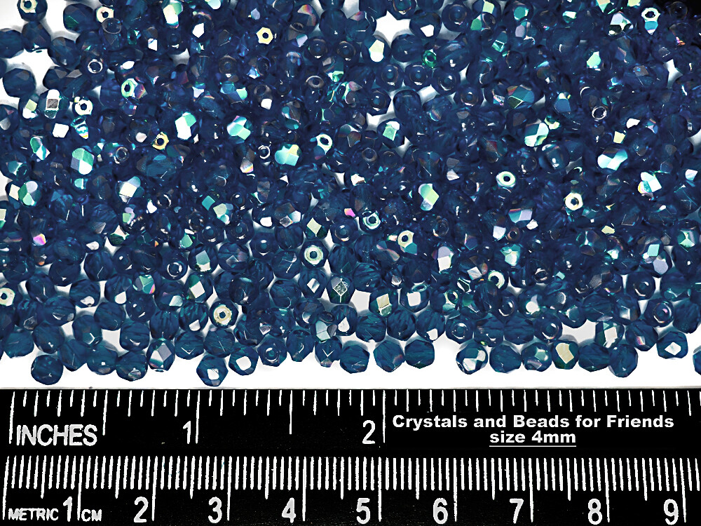 Czech Fire Polished Round Faceted Beads in Dark Aqua AB coated 16″ strand blue