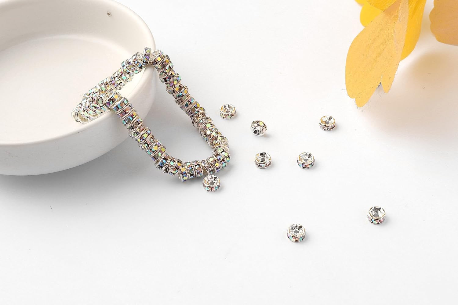 200Pcs 6mm Rondelle Spacer Beads Silver Plated Rhinestone AB Color Crystal Loose