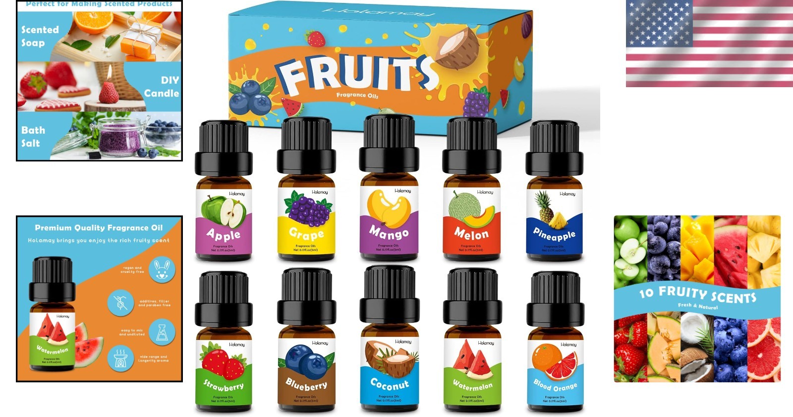 Skin-Safe Summer Fruits Essential Oils – 10 Pack for Diffuser and Candle Making
