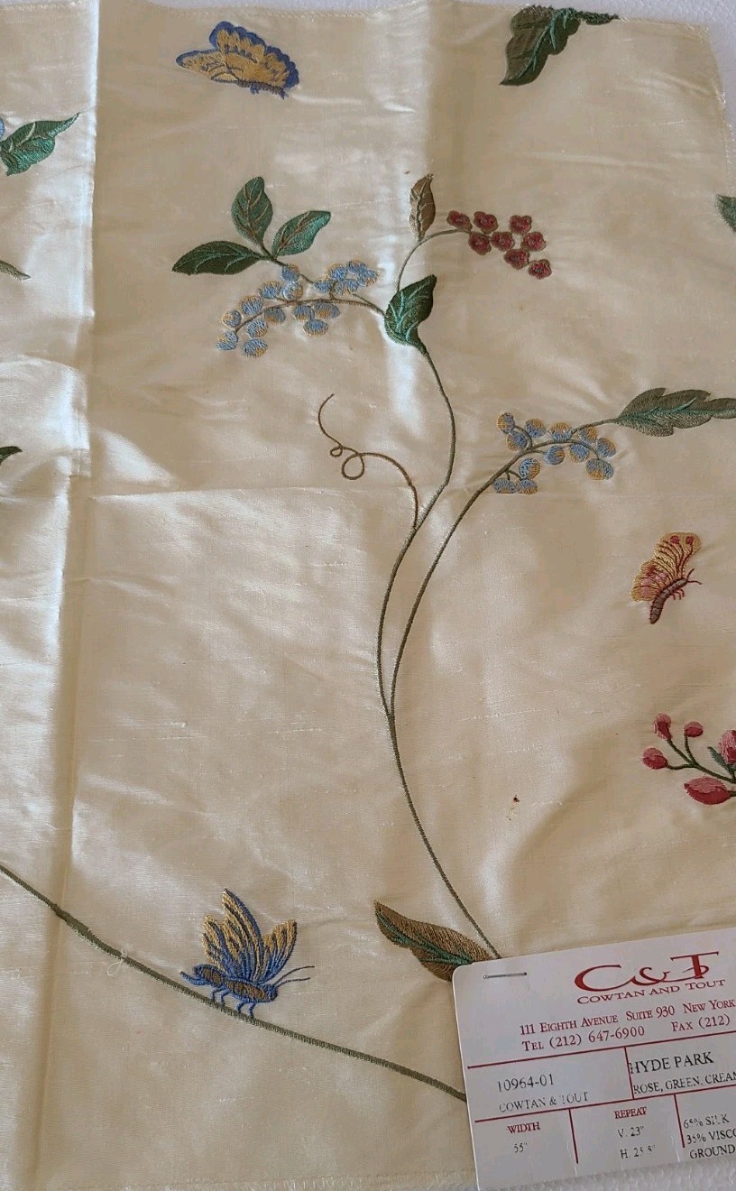 Designer Fabric Silk Samples Floral Butterfly Embroidered Cream Green Rose India