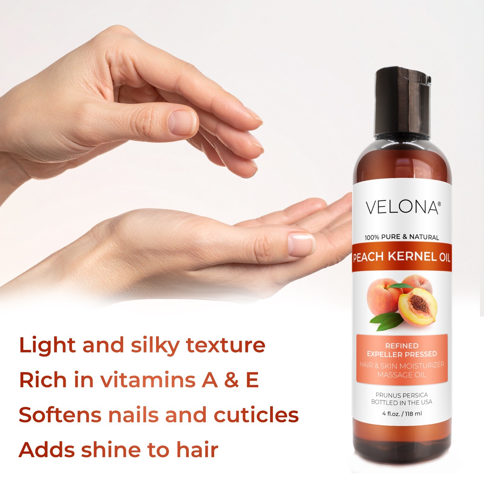 Peach Kernel Oil By Velona – 4 Fl Oz Refined Expeller pressed Skin, Hair Body