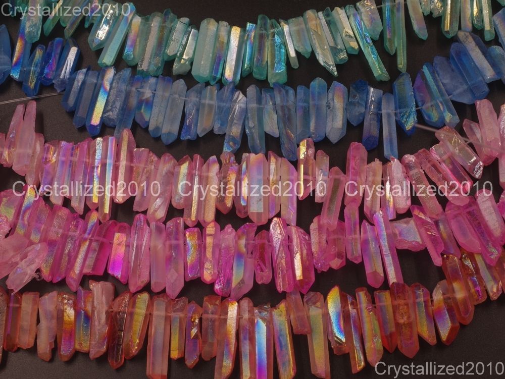 Metallic Titanium Coated Natural Quartz Crystal Stick Spike Pointed Beads 16”
