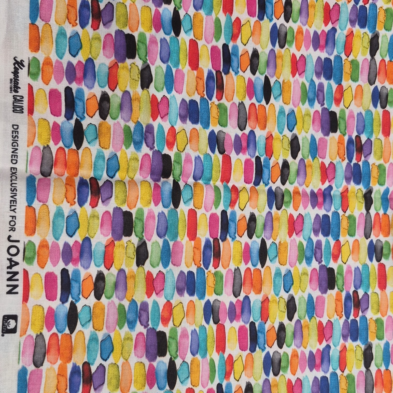 Joann Cotton Multicolor Abstract Dot/Brushstroke on White Fabric 43″ X 53″