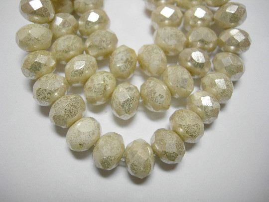 25 beads 8x6mm Antique White with Silver Wash Czech Firepolished Rondelle beads