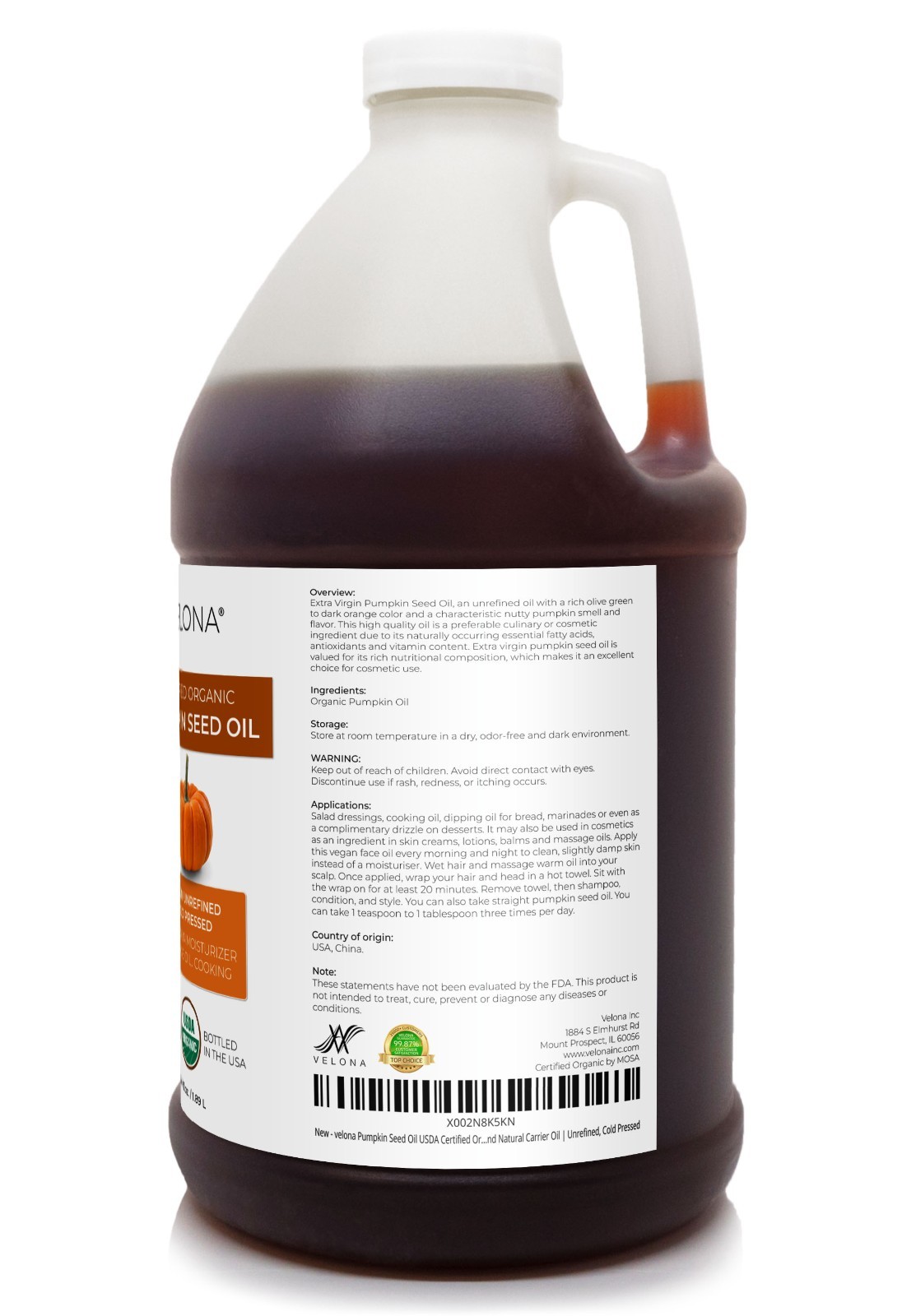 Velona Pumpkin Seed Oil USDA Certified Organic 64 Fl Oz Unrefined Cold Pressed