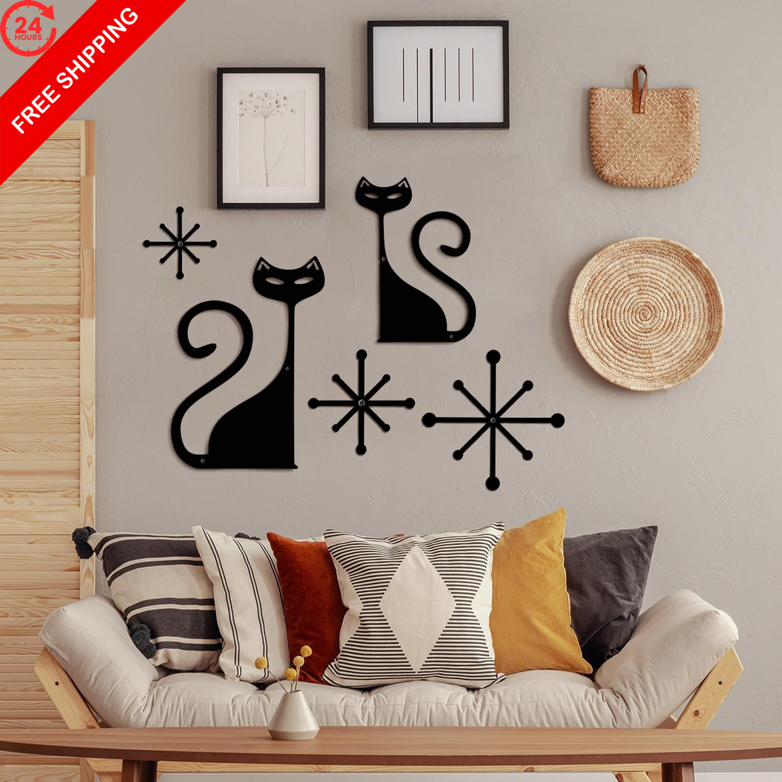 Wesiti 5 Pcs Mid Century Modern Atomic Cute Cat 7.48 x 11.50 inches, black