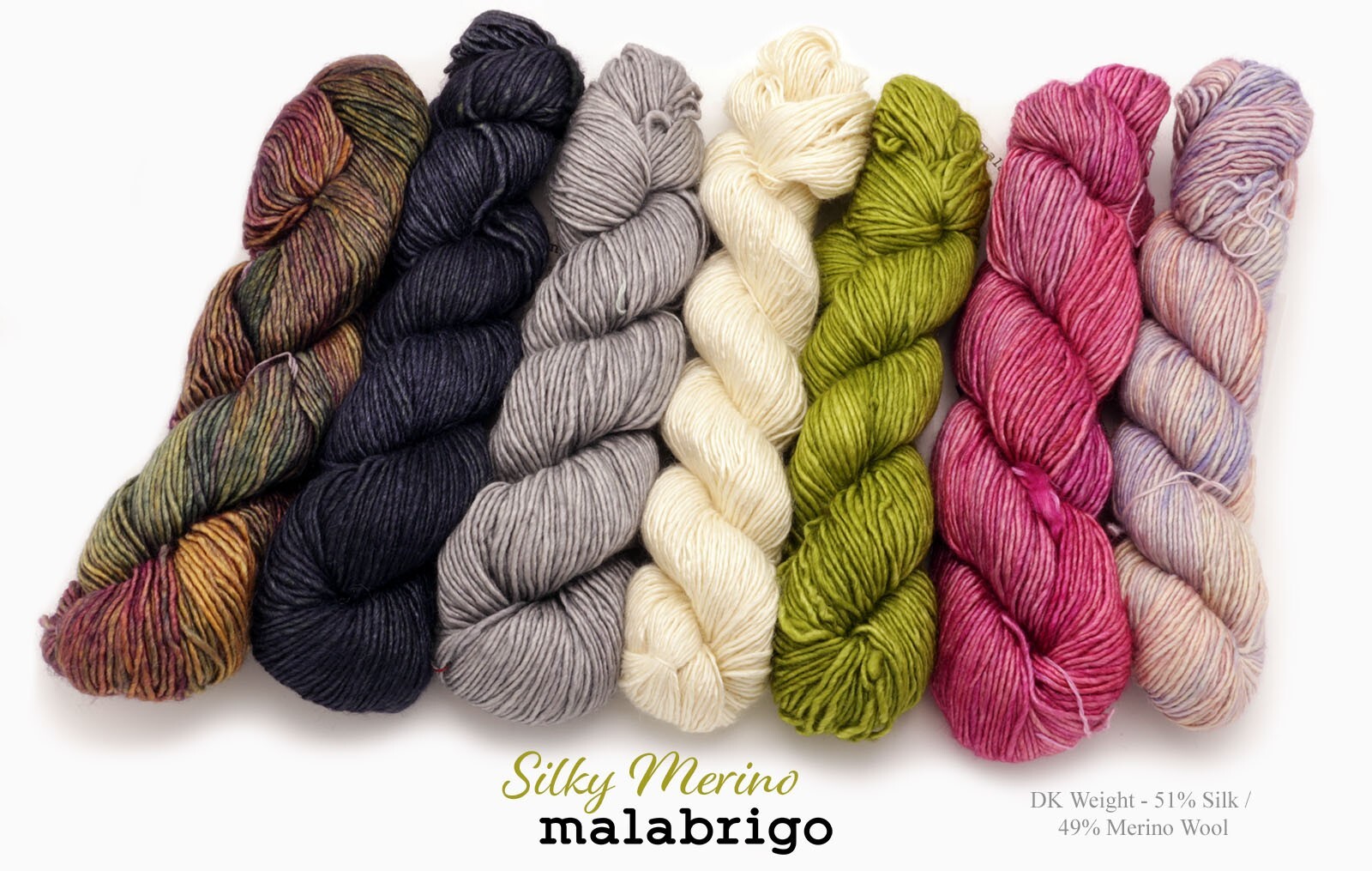 Silky Merino by Malabrigo – 51% Silk / 49% Merino Wool DK Weight- 7 COLORS