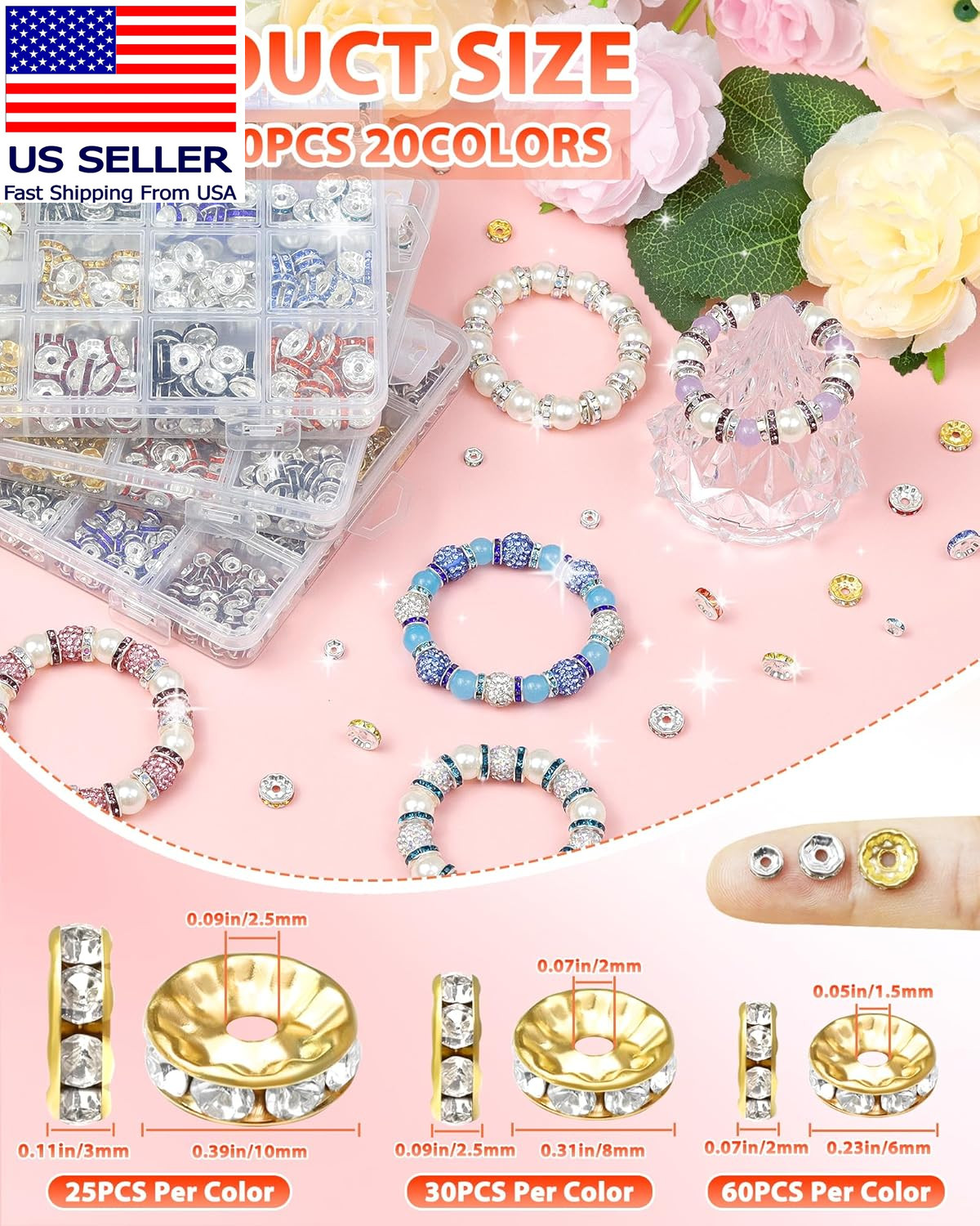 600PCS 20 Colors Rondelle Spacer Beads for Jewelry Making, 6Mm, 8Mm, 10Mm Rhine