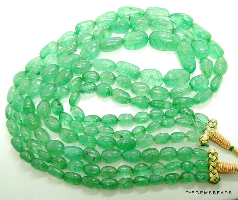 Natural Zambian Emerald Tumble Beads Necklace 8–22mm | 15″Inch Strand | Emerald