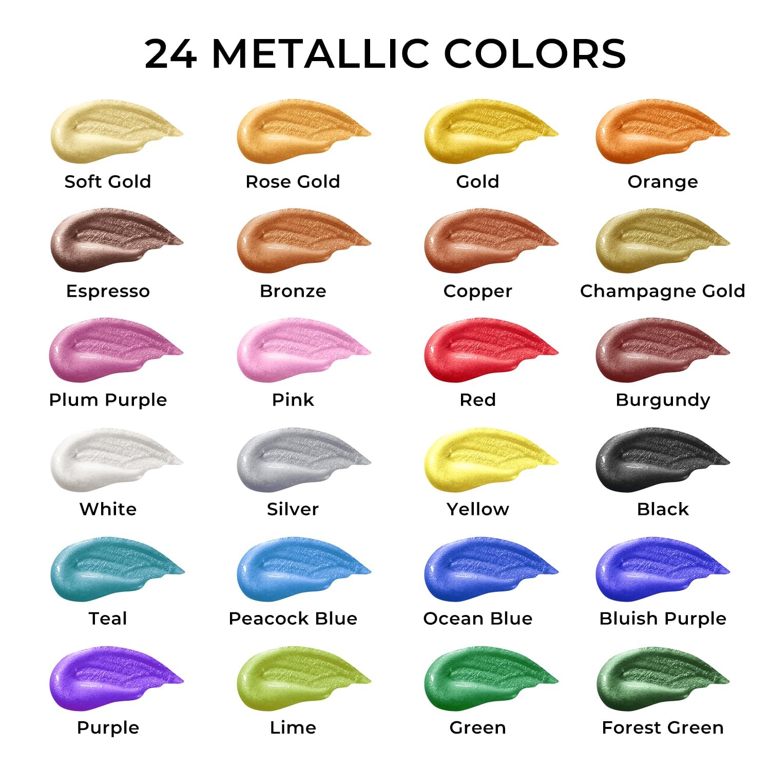 24 Piece Metallic Acrylic Paint Set with 2 oz/60ml Bottles Metal Colors