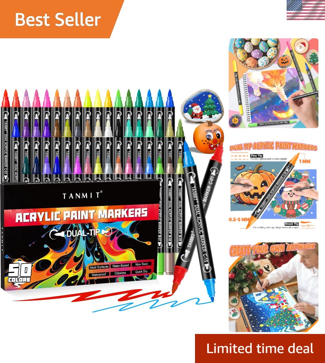 50 Colors Acrylic Paint Markers, Dual Tip Acrylic Paint Pens with Fine Tip an…