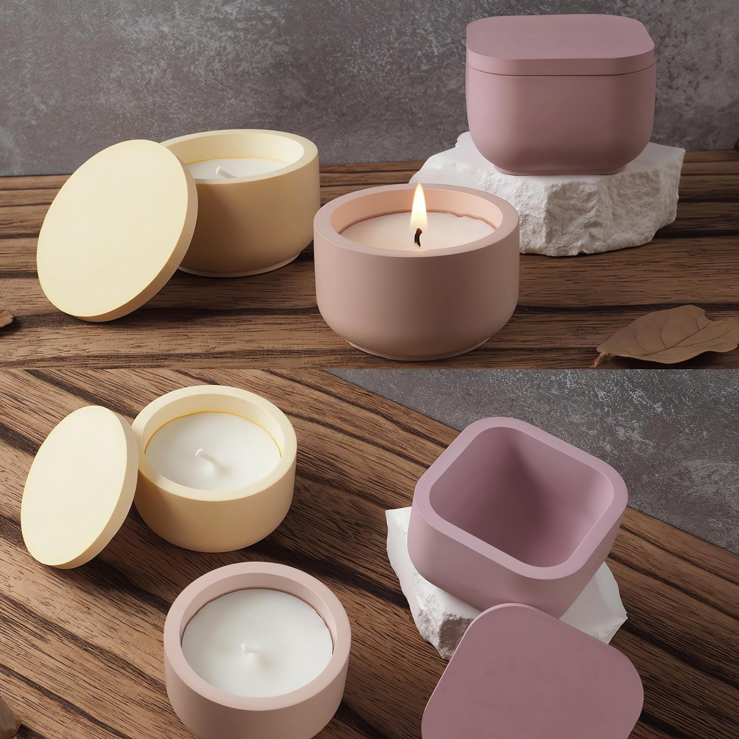 2 Pack round Square Storage Jar Mold with Lids for Home Decor, Candle Holder Mol