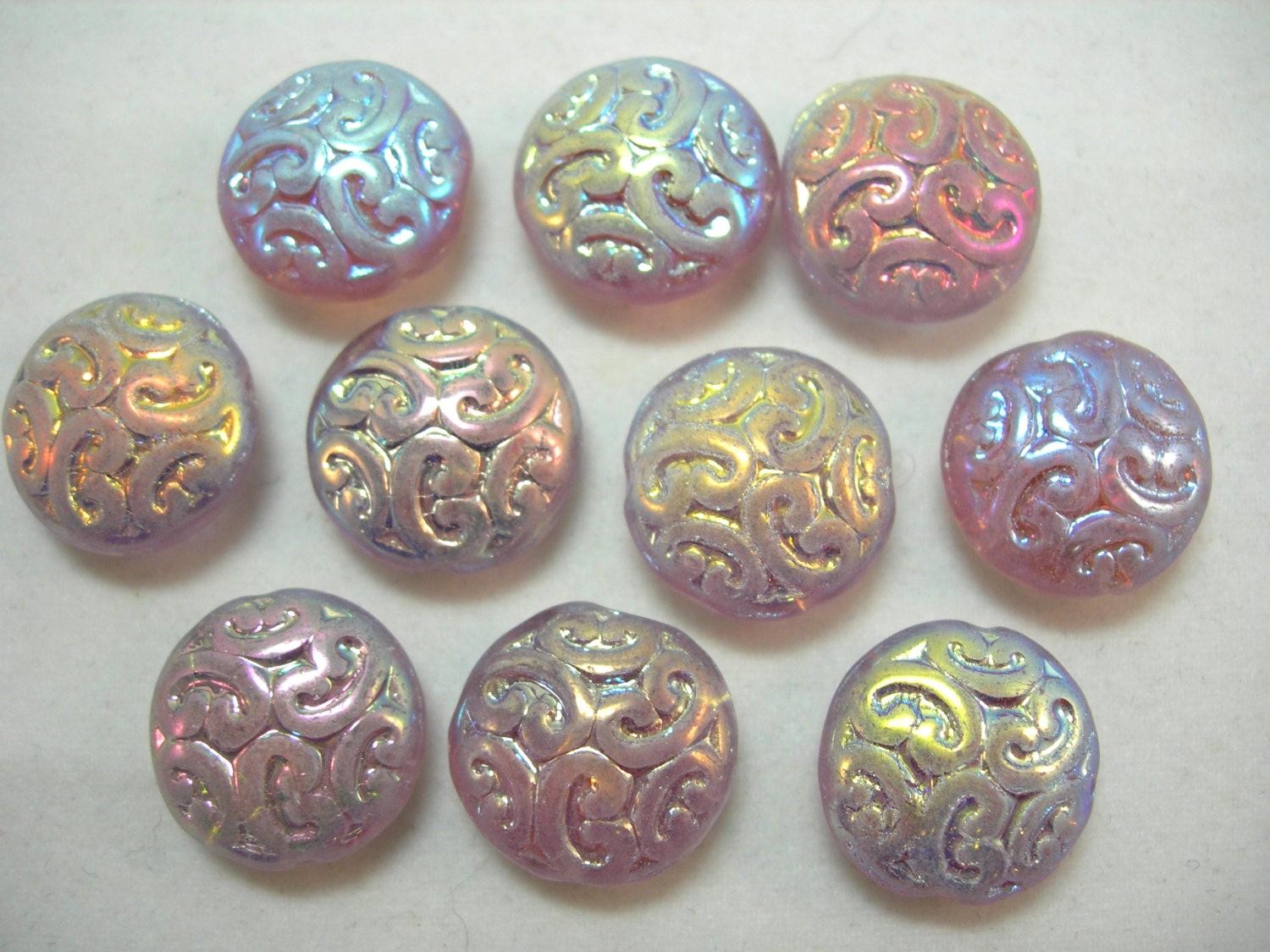 10 Lovely Czech Glass Puffy Coin Beads 14mm Lilic AB