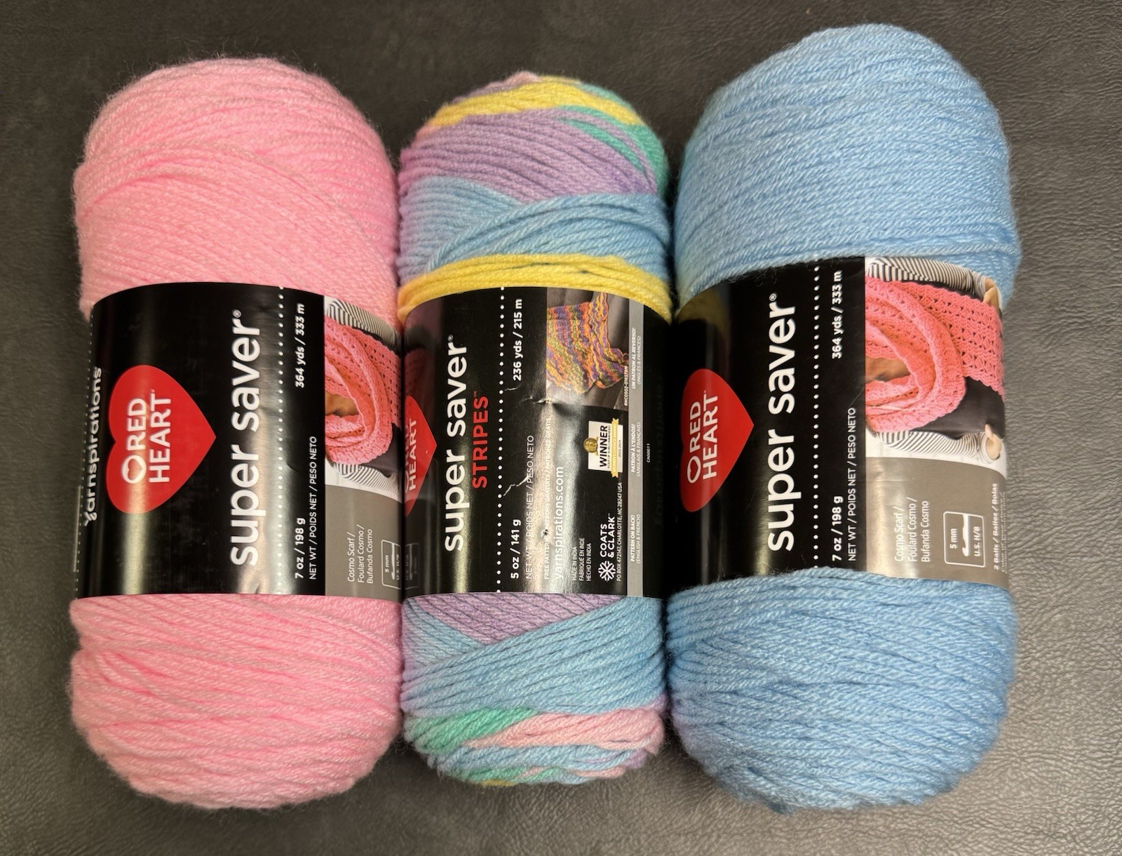 Red Heart Light Blue+ Baby Pink 7 Oz Each Skein, Red Heart Baby Rainbow 5 Oz
