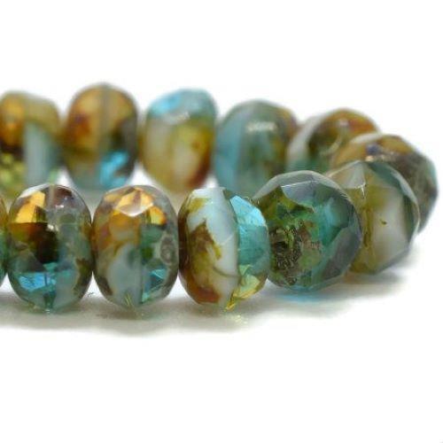 Qty 30 – 3x5mm Blue, Amber & White Rondelle w/ Picasso Finish Czech Glass Beads