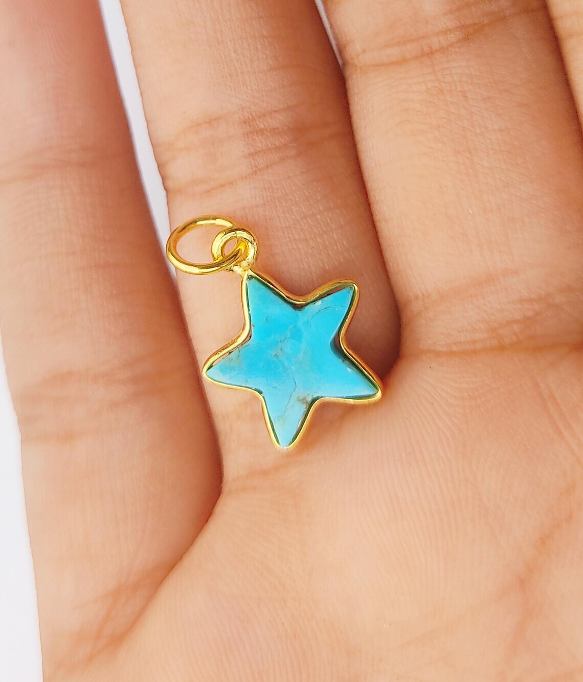 18k Gold Solid Turquoise Star Gold Charm Gemstone Pendant Handmade 10×10 mm