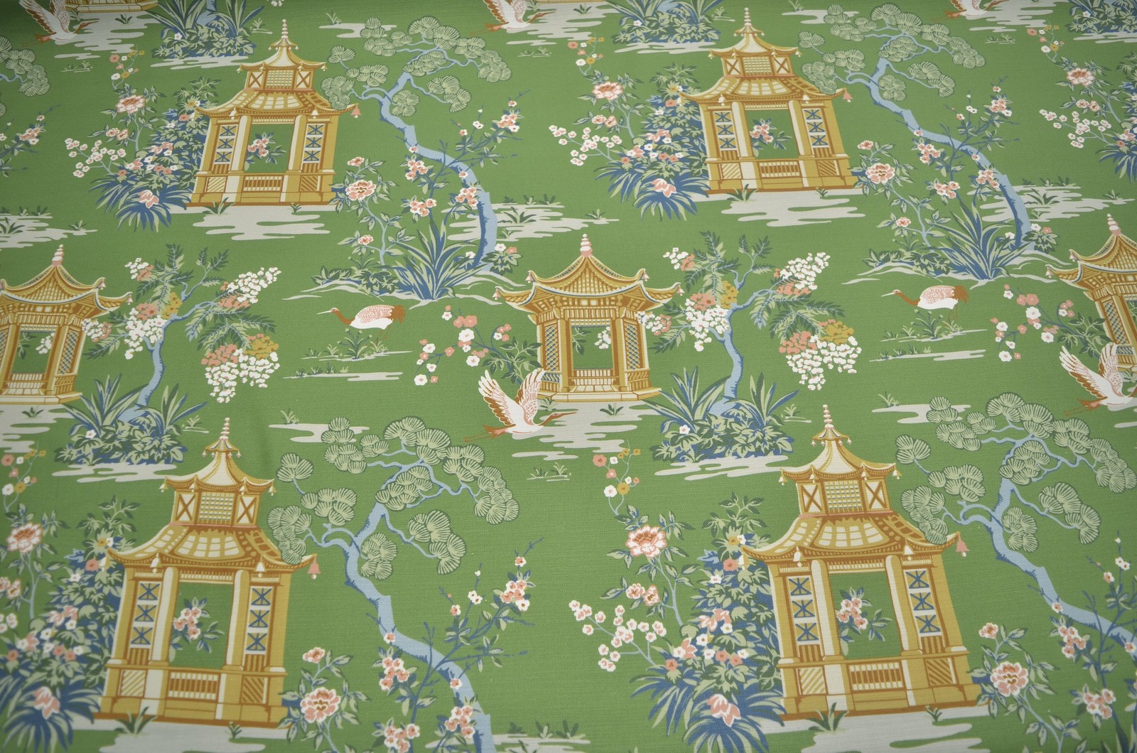 Harmony Grass Asian Pagoda with Blue Coral Floral Print on Green Regal Fabric