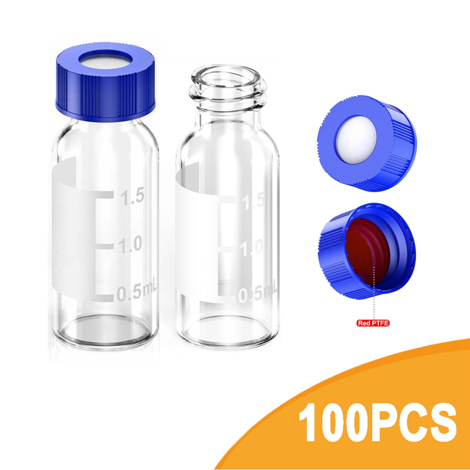 100Pcs 2ml Glass Vials Bottles Clear Containers w/ lids and septa for GC/MS/GPC