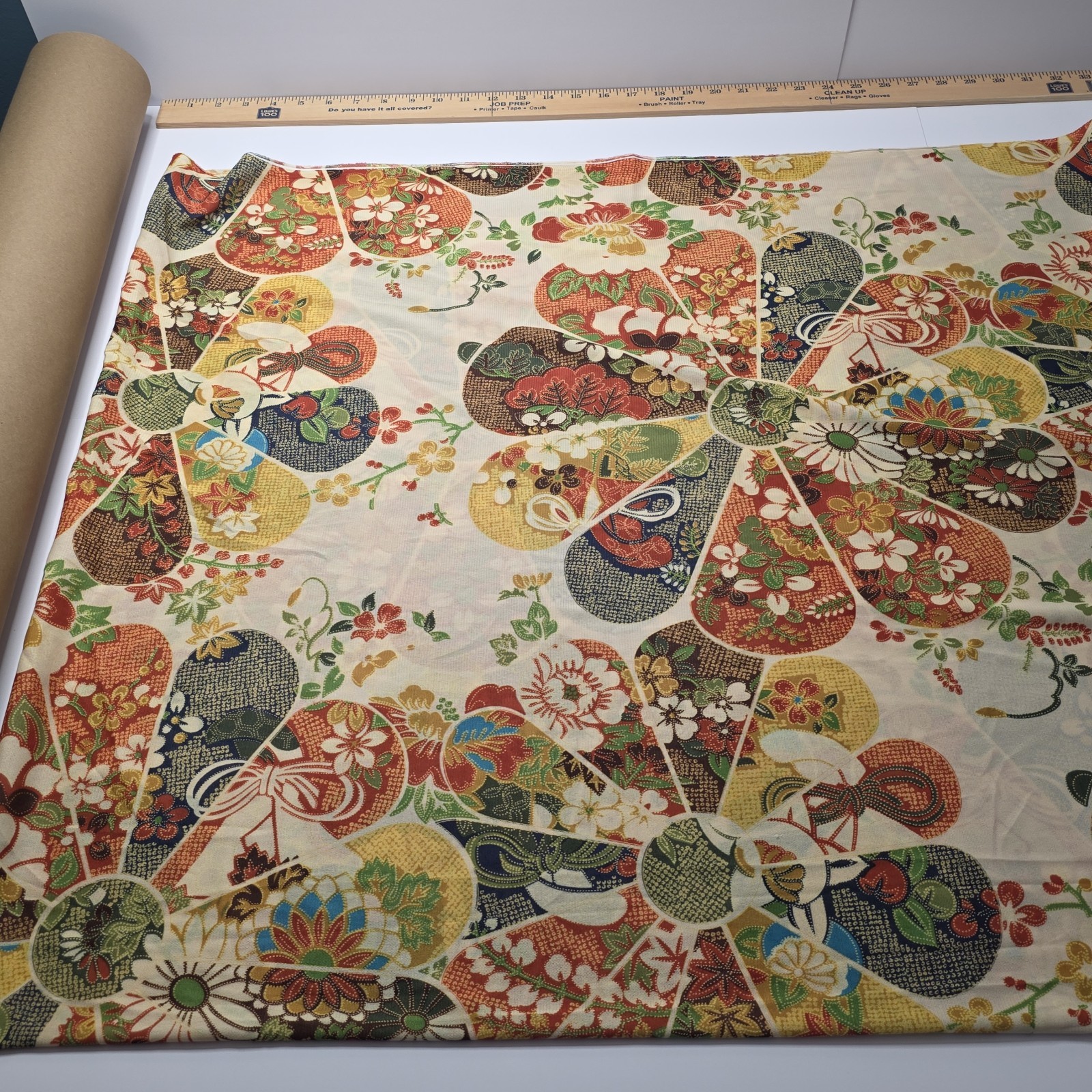Vintage Japanese Fan Motif Fabric Bolt Polyester Kimono Floral 3.4 Yd Wide…