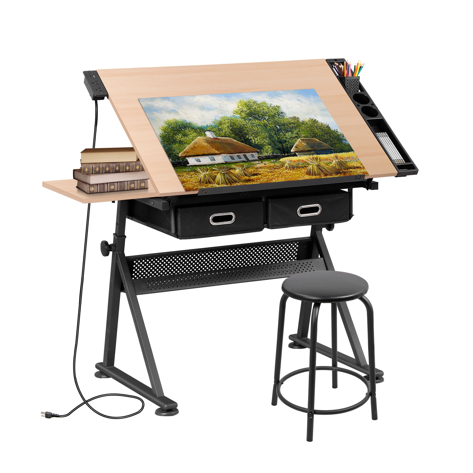 Adjustable Artist Table Tilted Tabletop Drafting Stool & Storage Drawer Natural