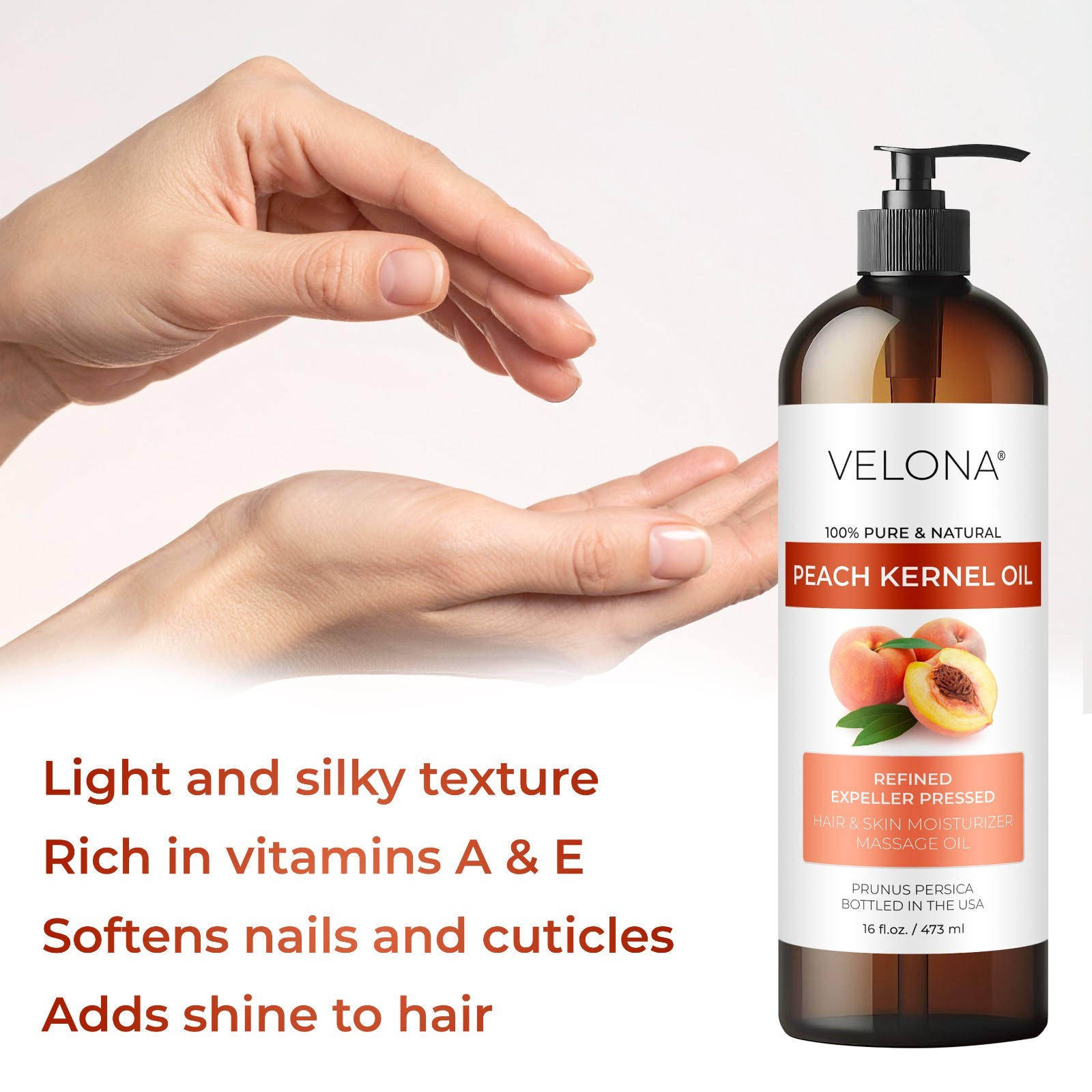 Peach Kernel Oil By Velona 2oz-7lb Refined Expeller pressed Skin, Hair Body Face