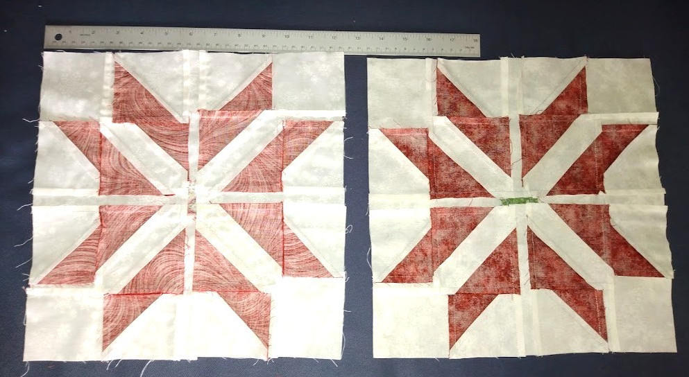 Lot 8 completed 12 x 12 PIECED STAR QUILT BLOCKS red on white, fabric varies