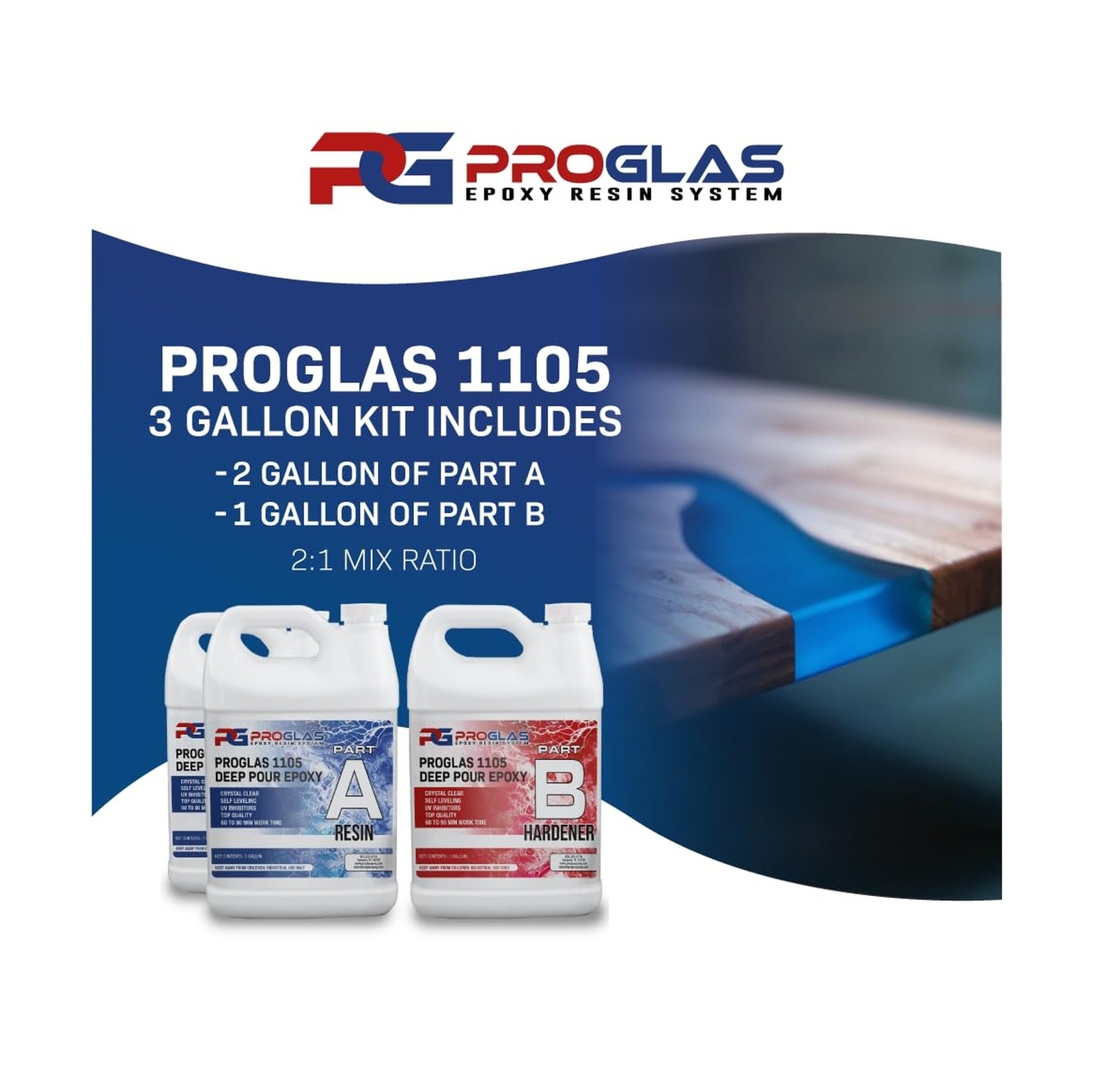 ProGlas 1105 Deep Pour Epoxy Resin Kit – 3 Gallon – Premium 2:1 Ultra Clear L…